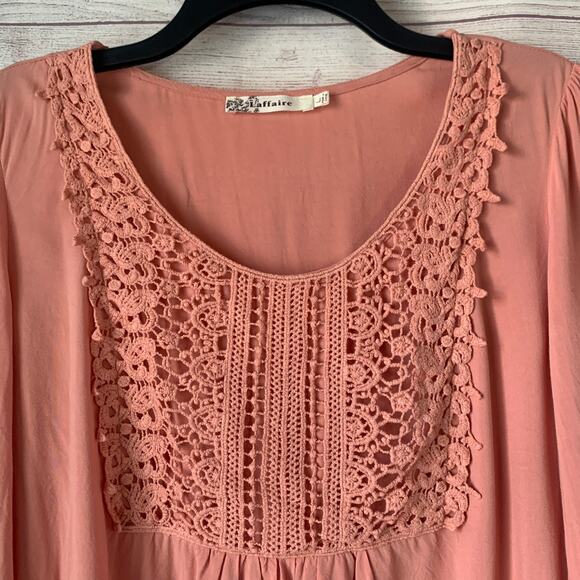 L'affaire Boho Pink Tunic Top with Crochet Lace Detail 3/4 Length Sleeves Size L - Picture 8 of 13